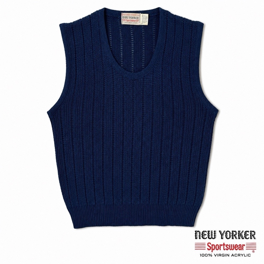 Vintage New Yorker Sportswear Men's Medium Navy Blue Knit Sweater Vest Acrylic